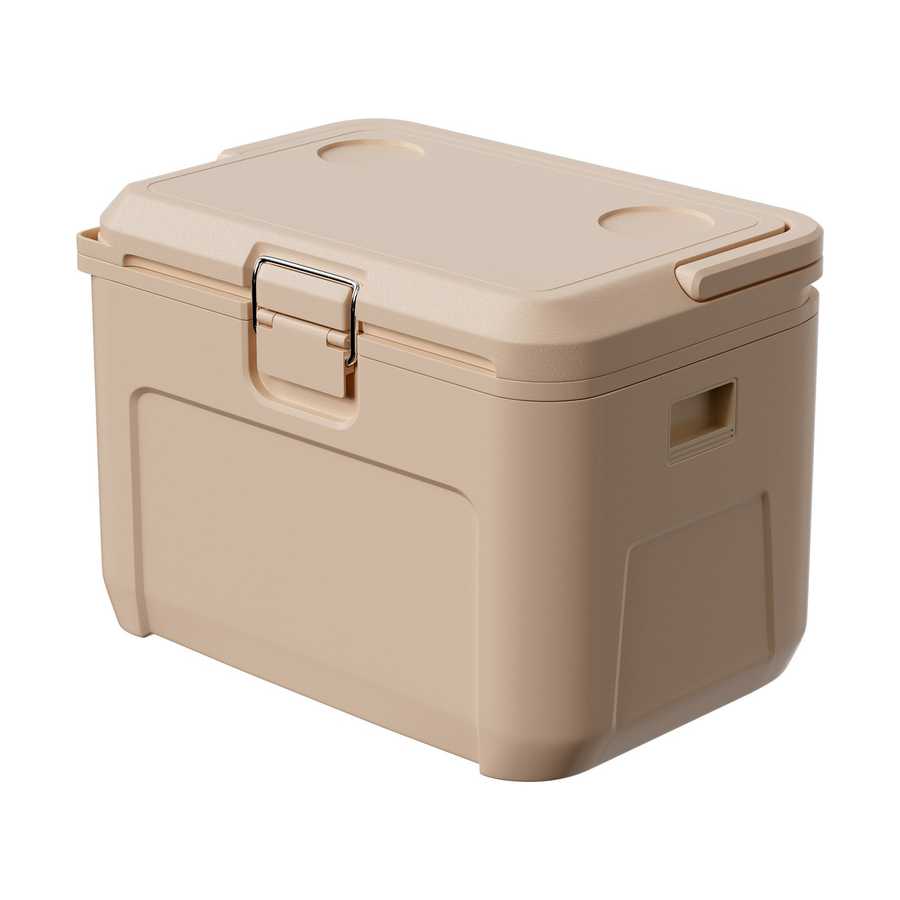 Beige storage box with a lid on a white background
