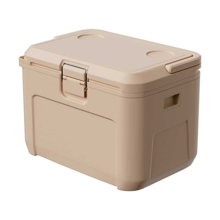 Beige storage box with a lid on a white background