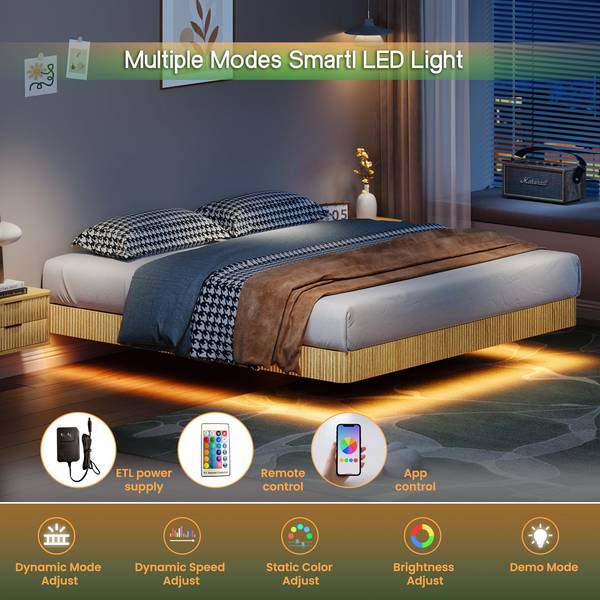 King Floating Bed Frame with LED Lights shown with smart LED modes, remote and app control, and dynamic brightness settings for ambiance.