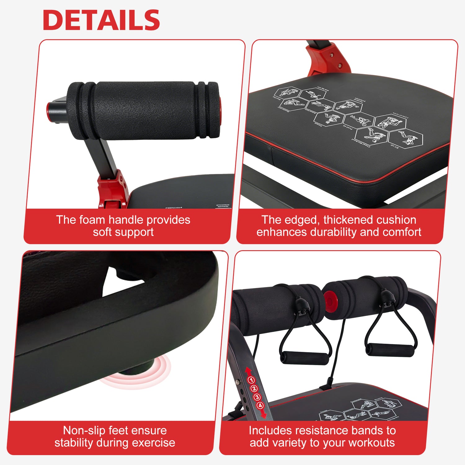 Gym equipment with features highlighted on a white background