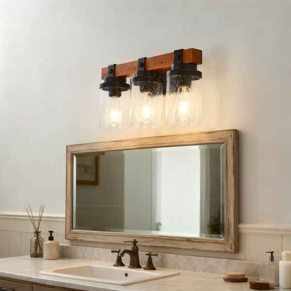 Bathroom vanity with wooden mirror and wall-mounted light fixture
