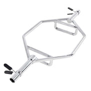 Chrome metal stand with adjustable legs on a white background
