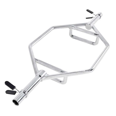 Chrome metal stand with adjustable legs on a white background