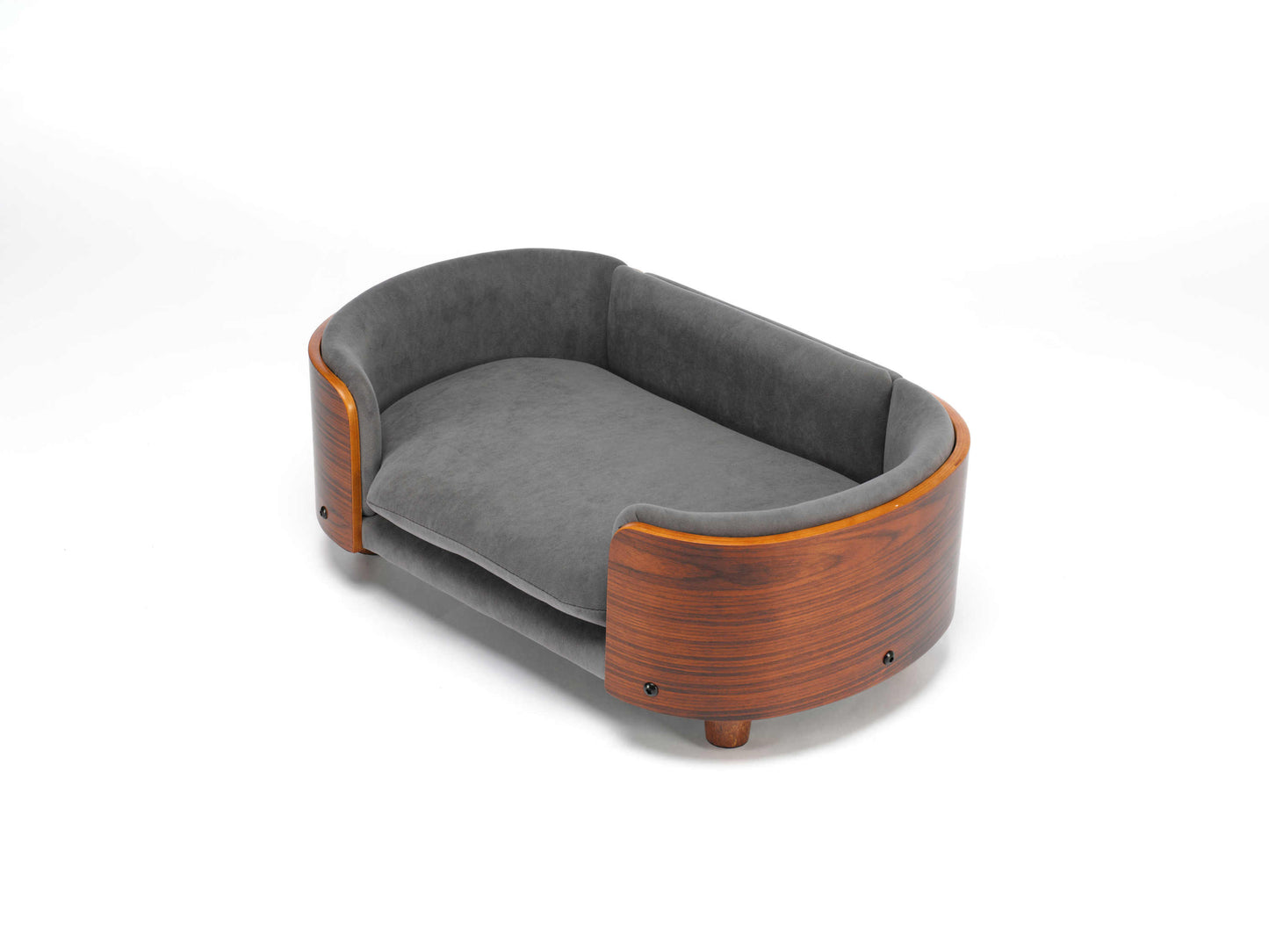 Scandinavian Elevated Dog Bed in small size with solid wood frame and grey velvet cushion, ideal for stylish pet comfort and orthopedic support.