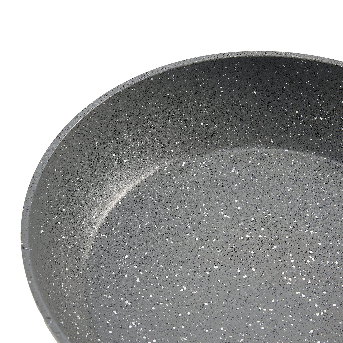 Close-up of interior speckled nonstick surface on aluminum frying pan from 3 piece skillet set.