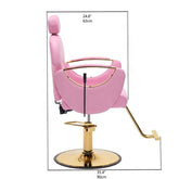 Pink salon barber chair with gold metal base and armrests, shown with dimension lines and measurements indicating 24.8 inches in height and 35.