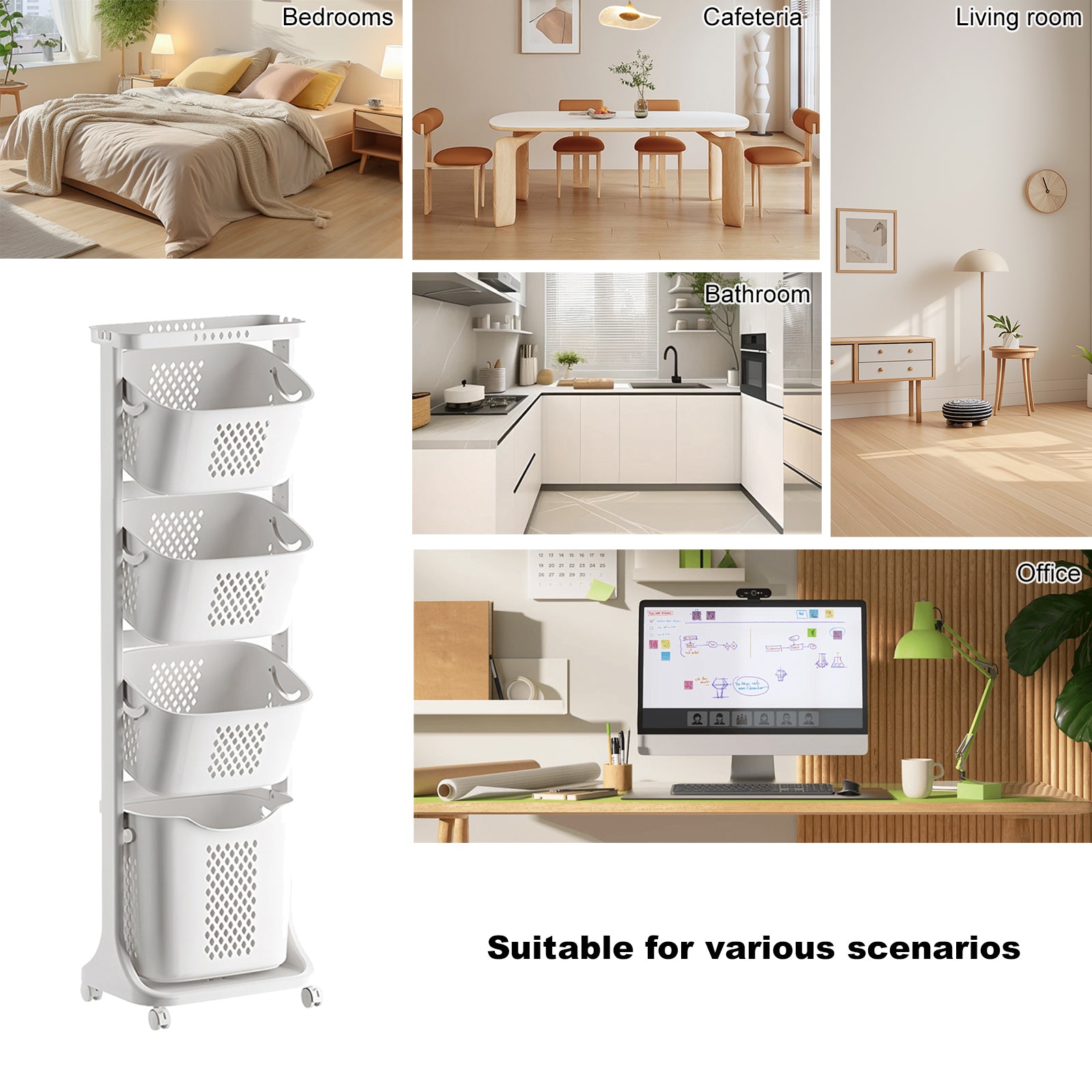 4-Tier Laundry Hamper Sorter, Laundry Storage Organizer with Wheels Removable Rolling Laundry Baskets, Bathroom Cart for Dirty Clothes, White