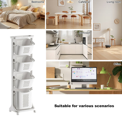 4-Tier Laundry Hamper Sorter, Laundry Storage Organizer with Wheels Removable Rolling Laundry Baskets, Bathroom Cart for Dirty Clothes, White