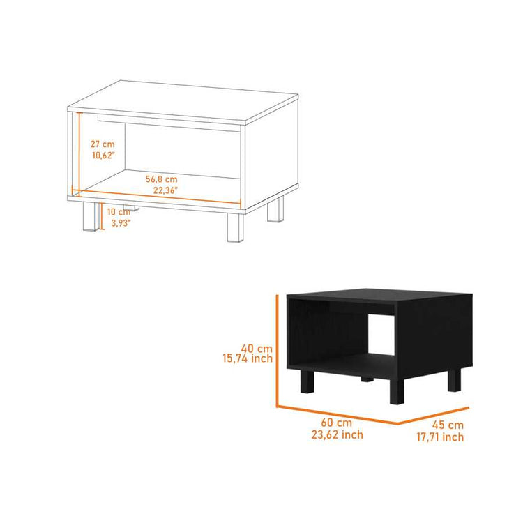 Hoven coffee table with dimensions in cm and inches, featuring a spacious open shelf for storage and display in modern living rooms.