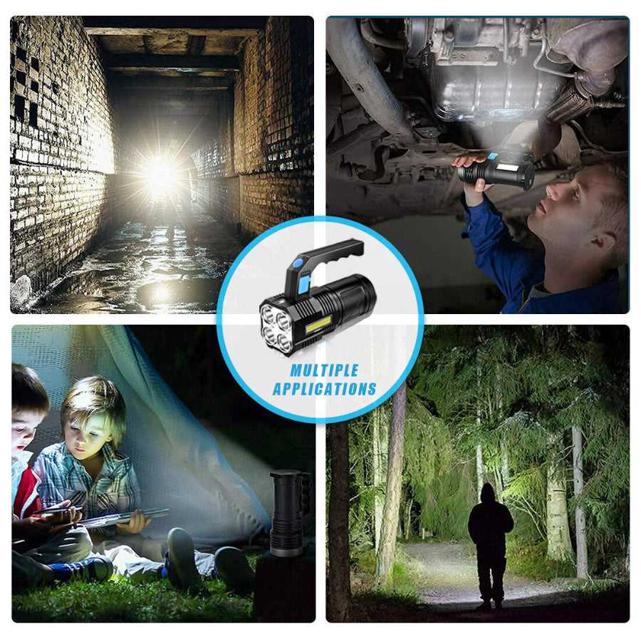 Multi-use USB Rechargeable Handheld LED Flashlight for camping, car repair, hiking, and emergency lighting scenarios.