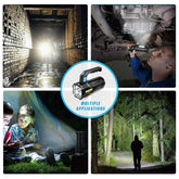 Multi-use USB Rechargeable Handheld LED Flashlight for camping, car repair, hiking, and emergency lighting scenarios.