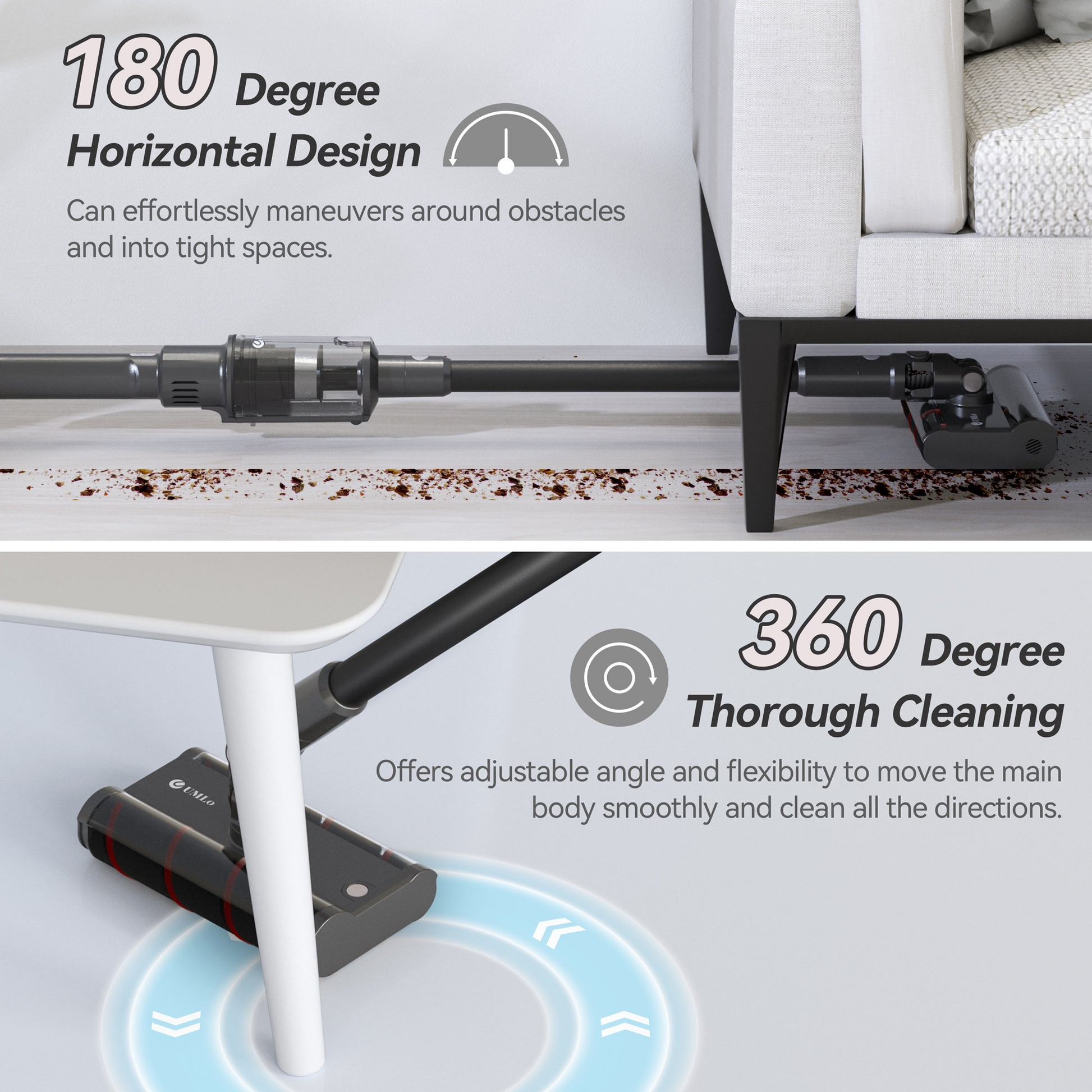 V101 Gray Cordless Vacuum Cleaner 22Kpa Powerful Suction features 180° horizontal and 360° swivel design for thorough under-furniture cleaning.