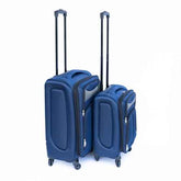 Blue suitcase with telescopic handle and four spinner wheels, positioned on a white background, ready for travel.