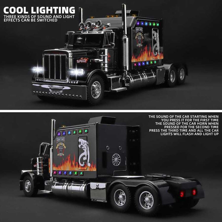 Model truck with lights and sound effects on a dark background