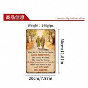 Product dimensions of vintage metal wall art shown as 30cm x 20cm, lightweight aluminum ideal for bar and café decoration.