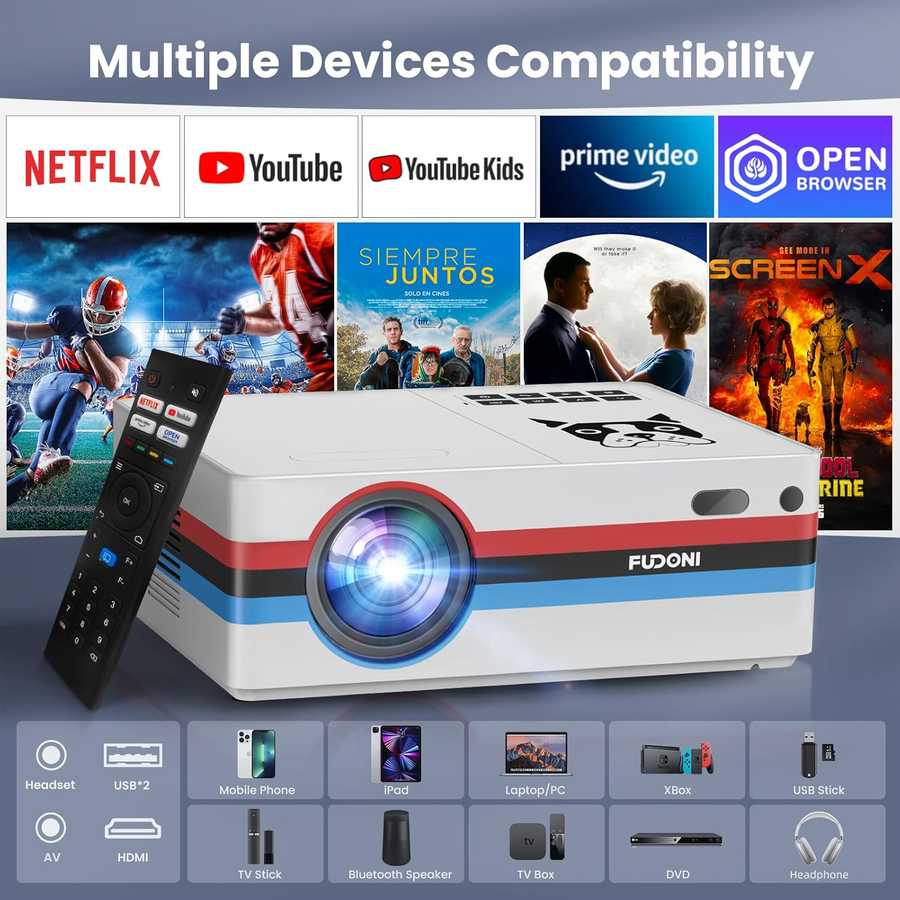 FUDONI multimedia projector with multiple device compatibility and remote control