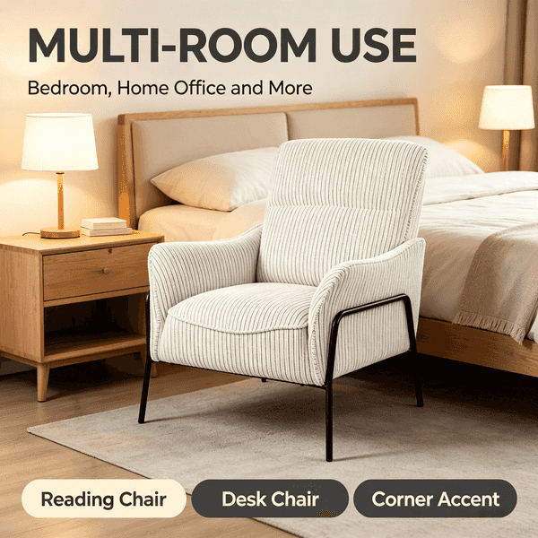 A light beige ribbed fabric reading chair with black metal legs, shown in a styled bedroom setting with a bed, nightstands, lamps, and overlaid text reading &