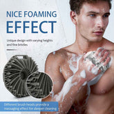 Man using a scrubber with foam, with text about foaming effect and brush design.