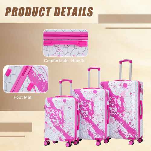 Set of three pink printed spinner suitcases with comfortable handles, foot mats, and colorful design for travel convenience