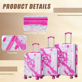 Set of three pink printed spinner suitcases with comfortable handles, foot mats, and colorful design for travel convenience