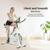 Woman exercising on a stationary bike with text highlighting &