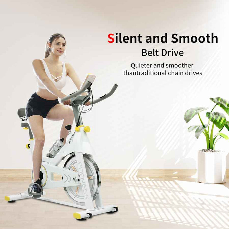 Woman exercising on a stationary bike with text highlighting &