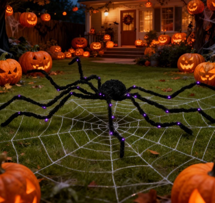 Halloween decorations including a large spider, web, and carved pumpkins in front of a house.