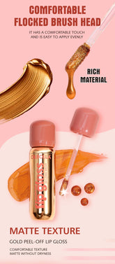 Gold Peels X lip gloss bottle with a gold peel-off brush head, shown on a pink and peach background with text highlighting the comfortable flocked brush head, rich material, and matte texture.