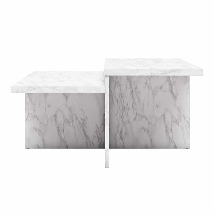 Front view of Brielle Faux Marble Coffee Table with two-tiered surfaces and cross-shaped base for a bold, modern furniture statement.
