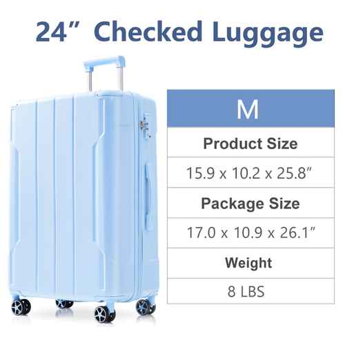 Light blue suitcase with dimensions and weight information on a white background