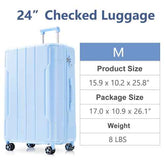 Light blue suitcase with dimensions and weight information on a white background