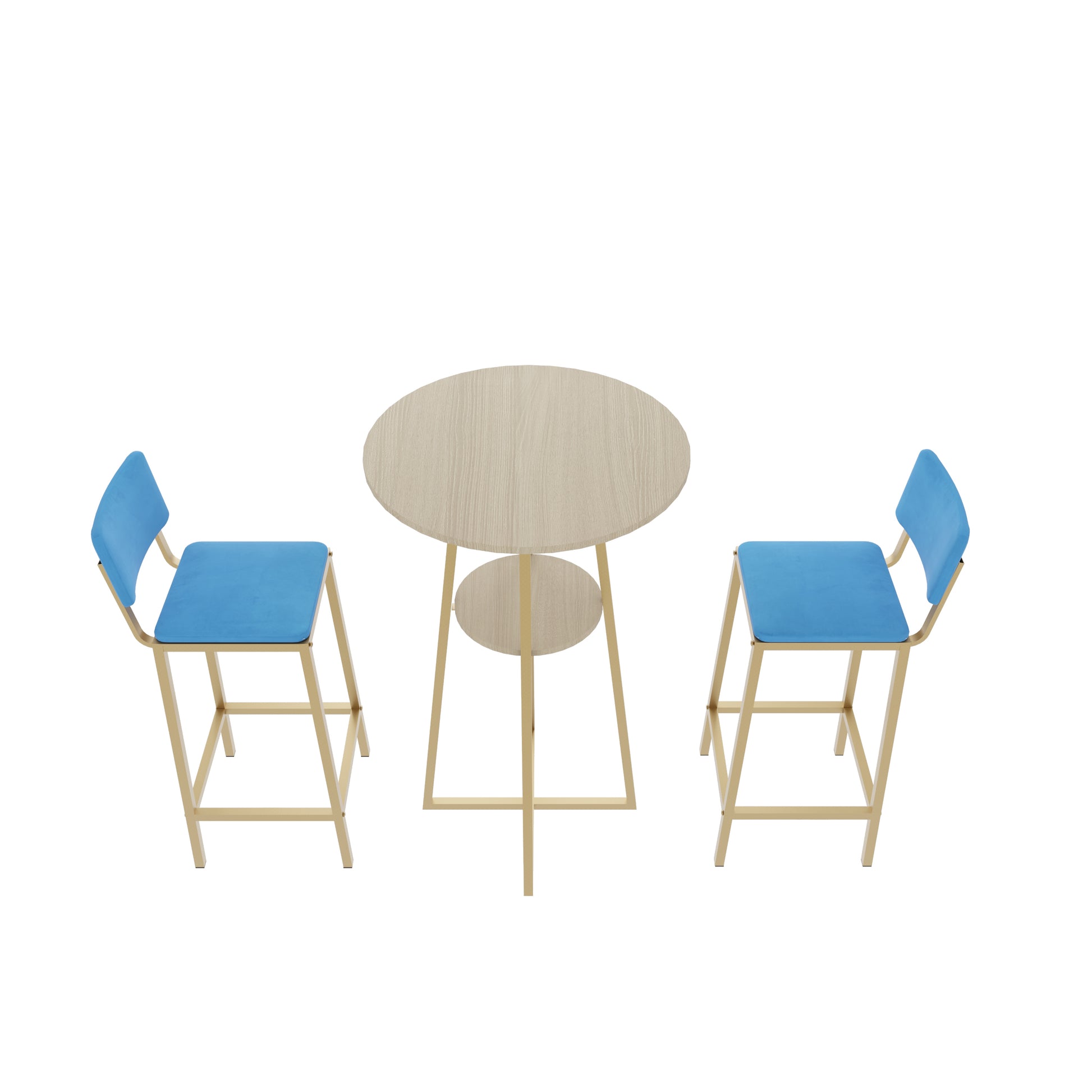 Overhead view of Bar Table Set with gold frame and blue cushions, ideal for small dining areas or home bars.