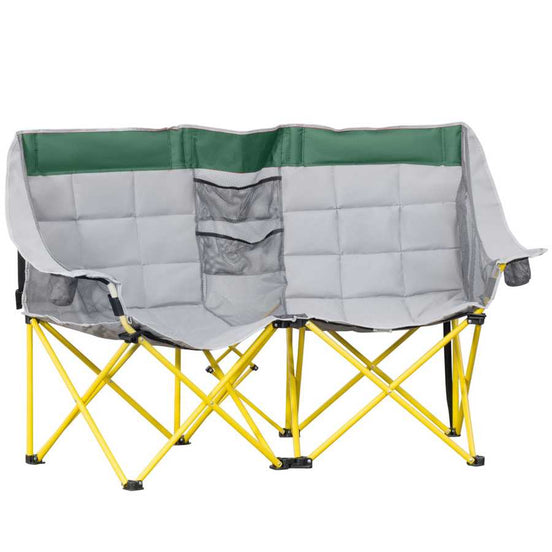 Two-person camping chair with green and gray backrests and yellow frame on a white background