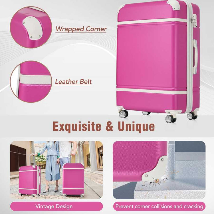 Pink suitcase with features highlighted on a white background