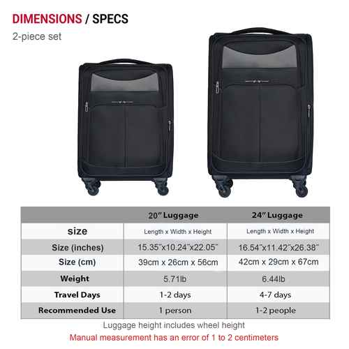 A product dimension and specification chart showing two black hard-shell spinner suitcases labeled 20" Luggage and 24" Luggage, with a size, weight, travel days, and recommended use table below. Text at the top reads DIMENSIONS / SPCES and notes a 2-piece set.