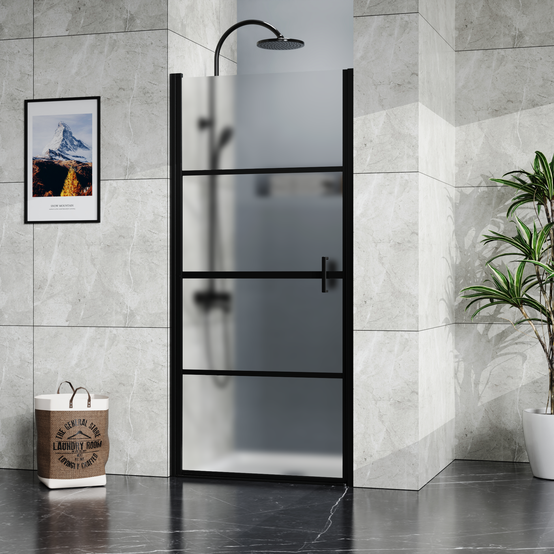 Goodyo Framed Hinged Shower Door,34"X72" Swing Tempered Glass Door, Black, Frosted MLNshops]