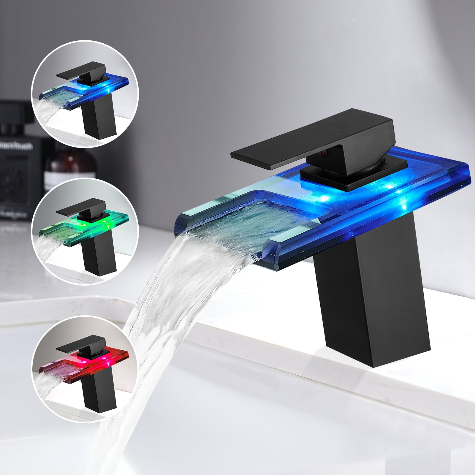 Bathroom Sink Faucet LED Light 3 Colors Changing Waterfall Glass Spout Hot Cold Water Mixer Single Handle One Hole Deck Mounted Bathroom MLNshops]