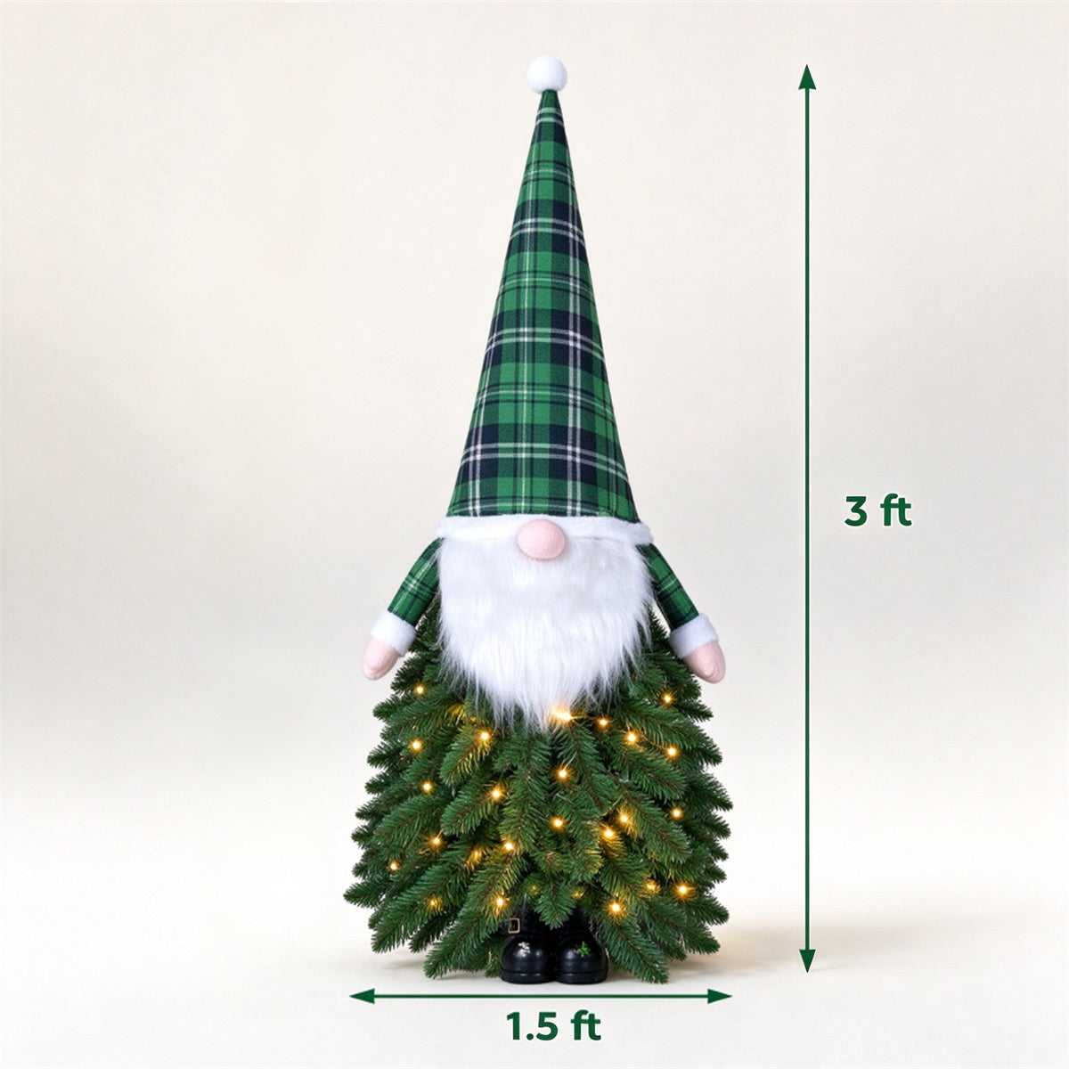Tabletop Christmas tree gnome dimensions: 3 ft tall, 1.5 ft wide