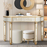 Half-Moon Mirrored Console Table with fluted glass and crystal knob drawer styled in an entryway with gold accents and modern decor.