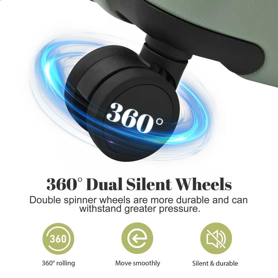 360-degree dual silent wheels with text and icons on a white background