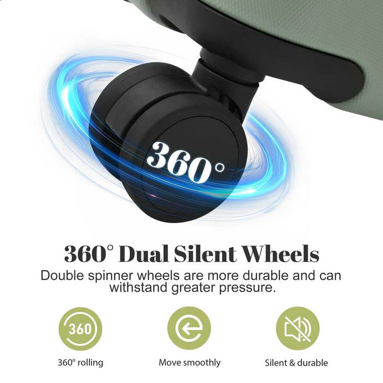 360-degree dual silent wheels with text and icons on a white background