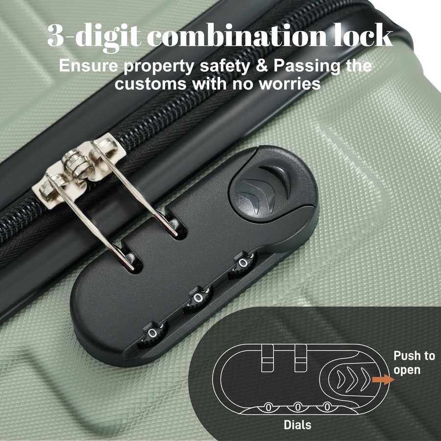 3-digit combination lock on a green bag with text about property safety and customs clearance.