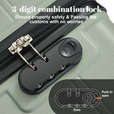 3-digit combination lock on a green bag with text about property safety and customs clearance.