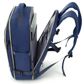 Blue backpack with multiple compartments on a white background