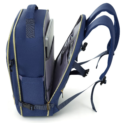 Blue backpack with multiple compartments on a white background