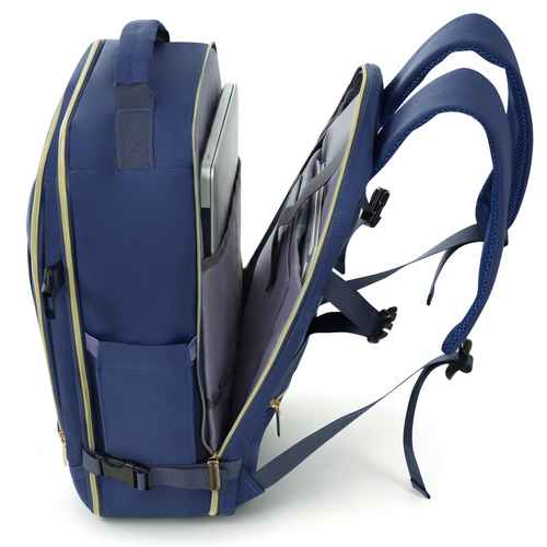 Blue backpack with multiple compartments on a white background