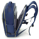 Blue backpack with multiple compartments on a white background