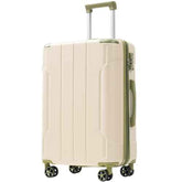 A hard-shell spinner suitcase in cream with sage green trim, featuring an extended telescopic handle and four multi-directional wheels, shown on a solid white background.