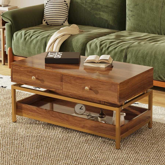 Coffee Tables for Living Room,39.4' Modern Coffee Table with 2 Drawers and Open Shelf, Wood Center Table with Storage and Gold Metal Frame,Walnut