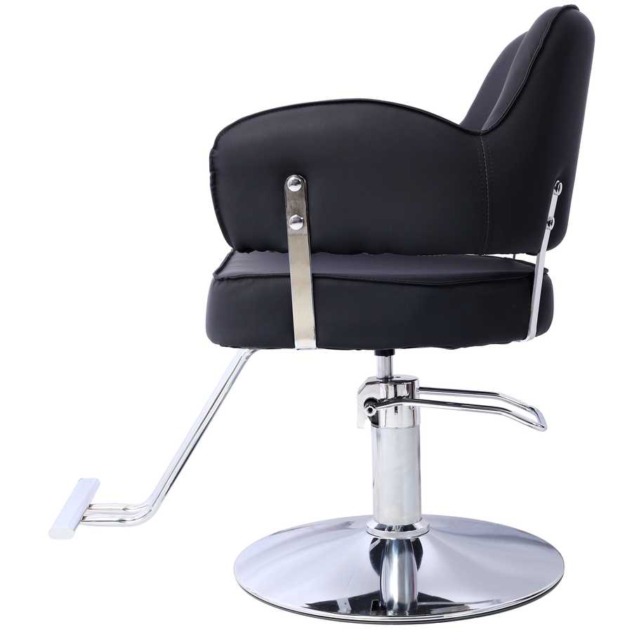 Side profile of Salon Styling Chair for Hair Professionals with padded seat and chrome hydraulic lift for adjustable height.
